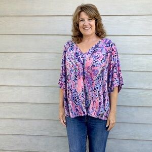 JODIFL Vibrant Floral Top / Coverup in Pink and Purple Abstract Design NWOT
